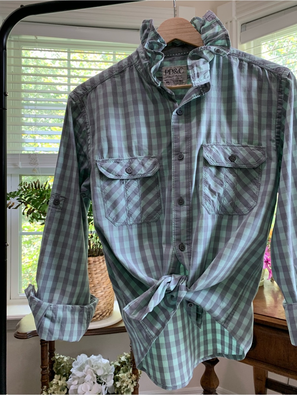 PD&C Green Plaid Button-Up Shirt with Upcycled ruffle collar